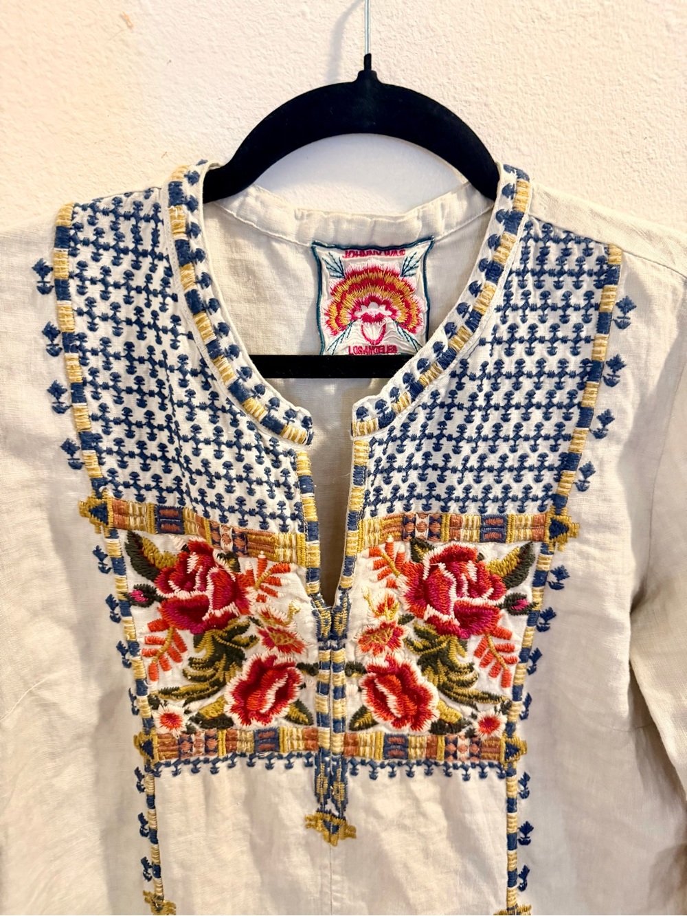 Johnny Was Cream LinenTunic with Red Floral Embroidery and Blue Accents